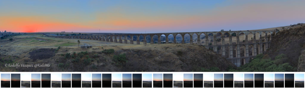 Panorámica Atardecer Acueducto de Tepotzotlán o Arcos del Sitio. HDR de 10 tomas verticales total 30 imágenes